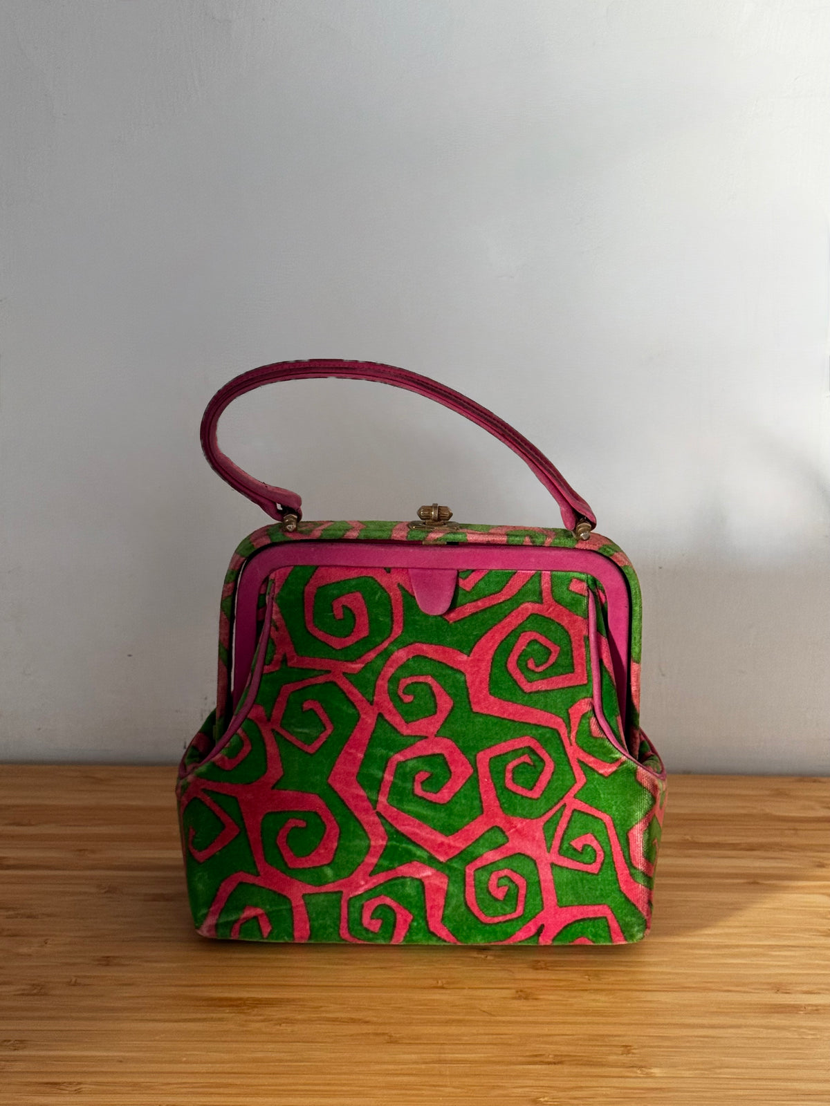 Vintage Green & Pink Printed Top Handle Bag