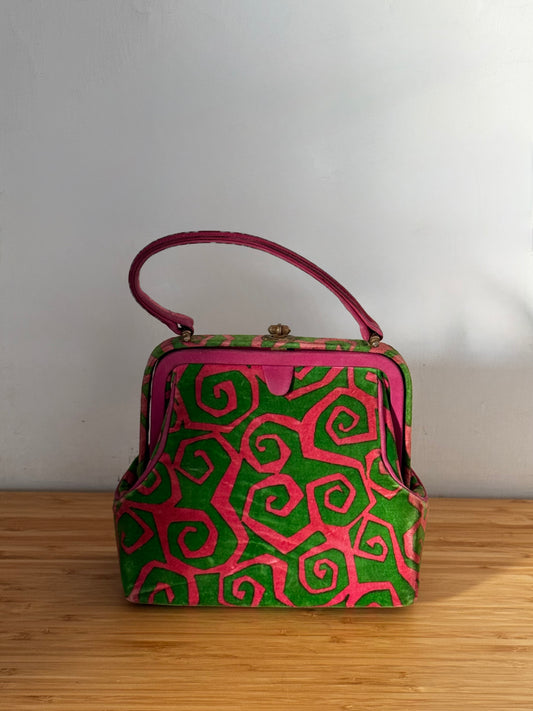 Vintage Green & Pink Printed Top Handle Bag