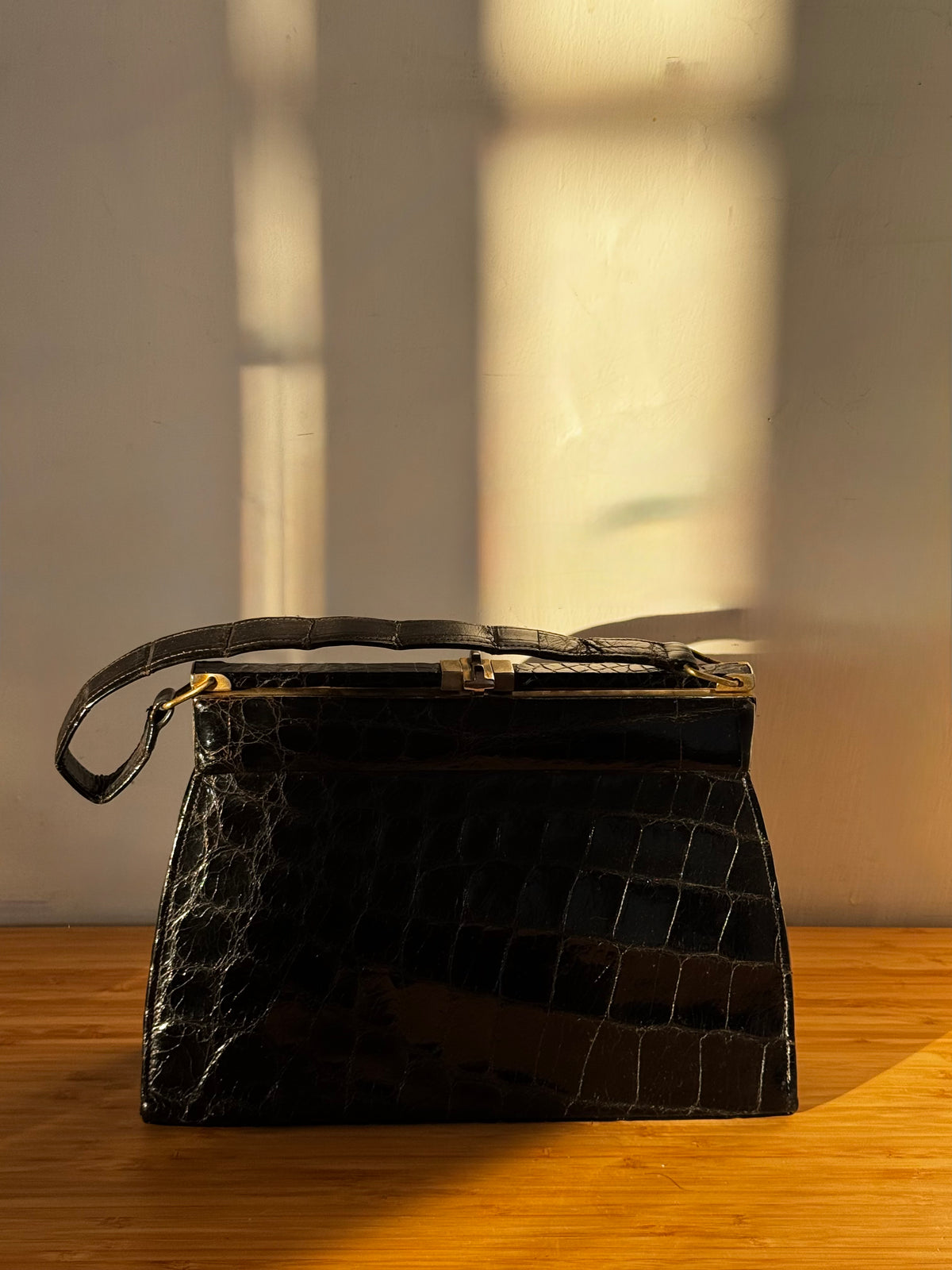 Vintage Black Crocodile-Embossed Leather Handbag
