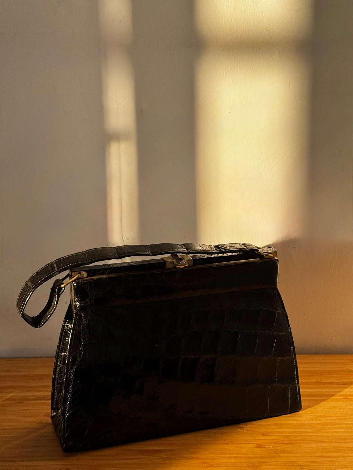 Vintage Black Crocodile-Embossed Leather Handbag
